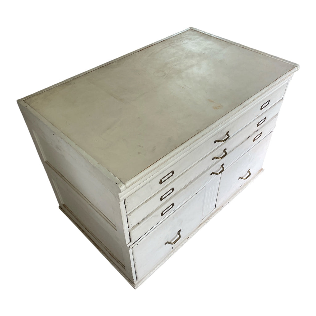 Vintage White Flat File Cabinet with Brass Hardware, Modular Two-Piece Design