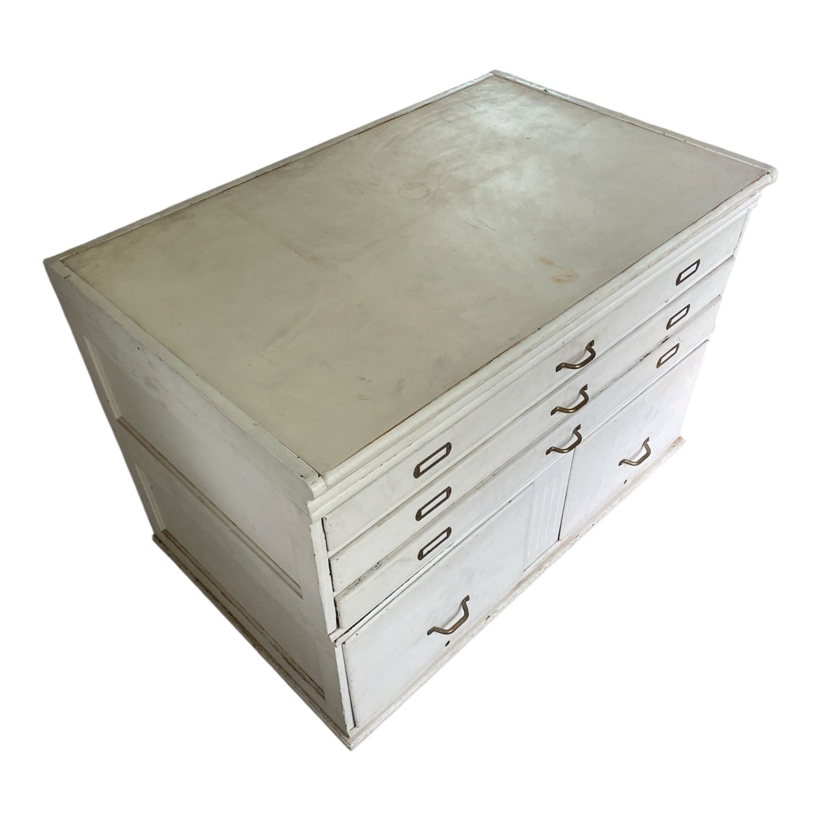 Vintage White Flat File Cabinet with Brass Hardware, Modular Two-Piece Design