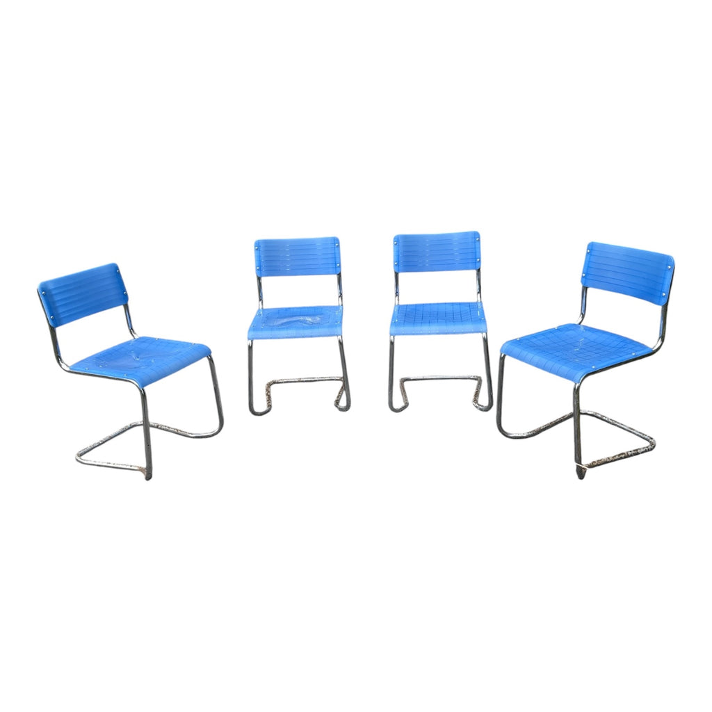Set of 4 Italian Spilimbergo Cantilever Chairs Chrome Frame Blue Plastic Slat Seats