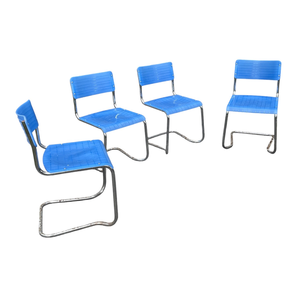Set of 4 Italian Spilimbergo Cantilever Chairs Chrome Frame Blue Plastic Slat Seats