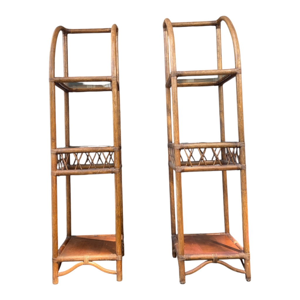 Pair Vintage Bent Rattan Étagères with Glass Shelves & X-Pattern Detail