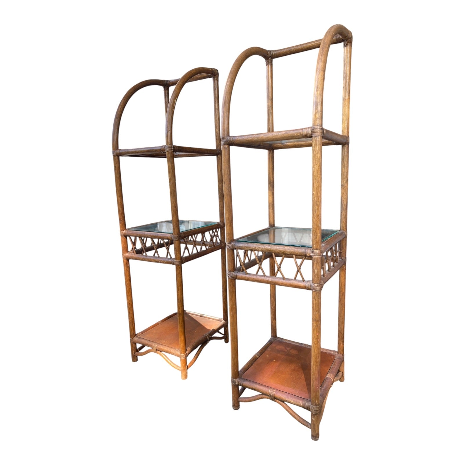 Pair Vintage Bent Rattan Étagères with Glass Shelves & X-Pattern Detail