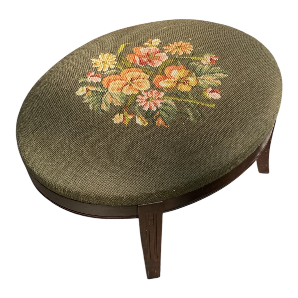 1940s Art Deco Oval Footstool with Hand-Worked Needlepoint Floral Top