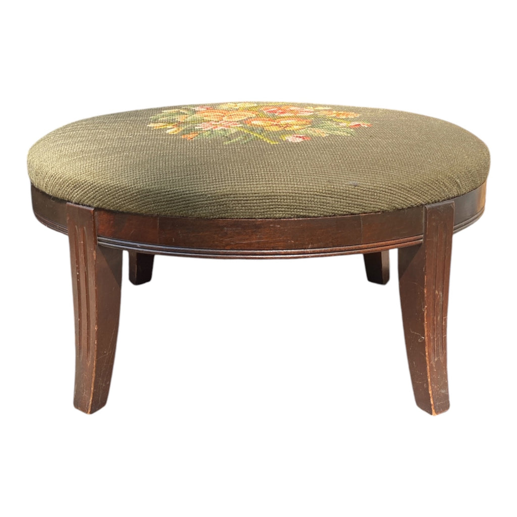 1940s Art Deco Oval Footstool with Hand-Worked Needlepoint Floral Top