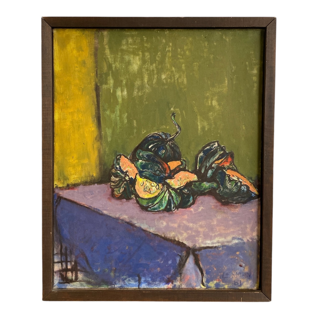 Lerman '61 Signed Original Oil on Board Still Life with Squash Expressionist