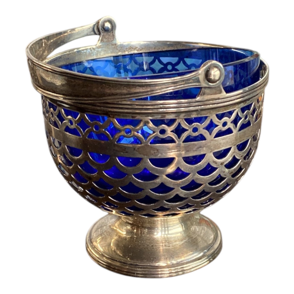 Tiffany & Co. Sterling Silver Pierced Sugar Basket with Cobalt Glass Liner