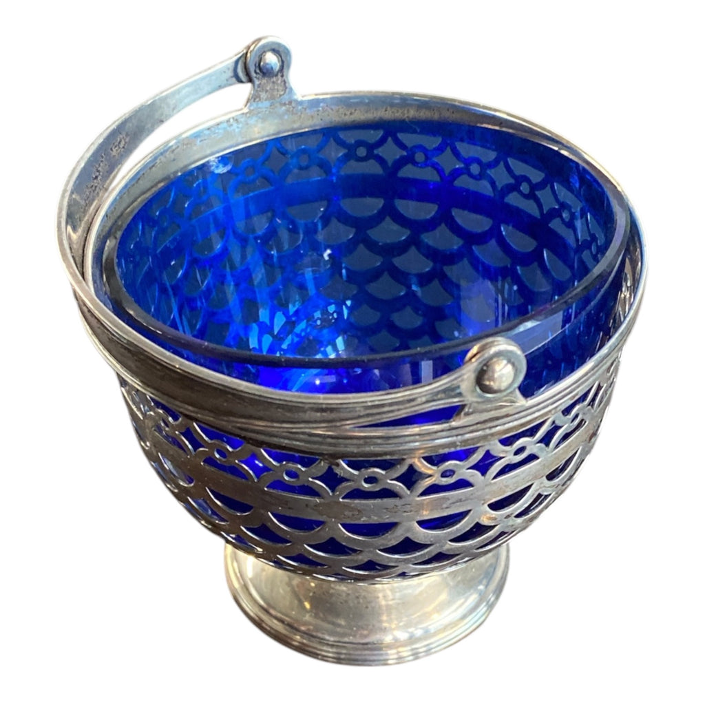 Tiffany & Co. Sterling Silver Pierced Sugar Basket with Cobalt Glass Liner