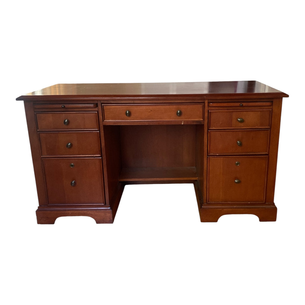Traditional Cherry Double Pedestal Executive Desk with Satinwood Inlay Banding
