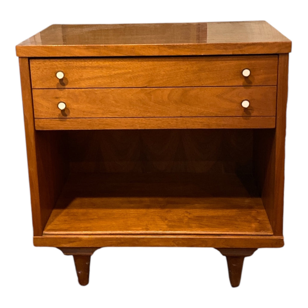 Mid-Century Modern Walnut Nightstand with Brass Pulls & Open Shelf c.1960s