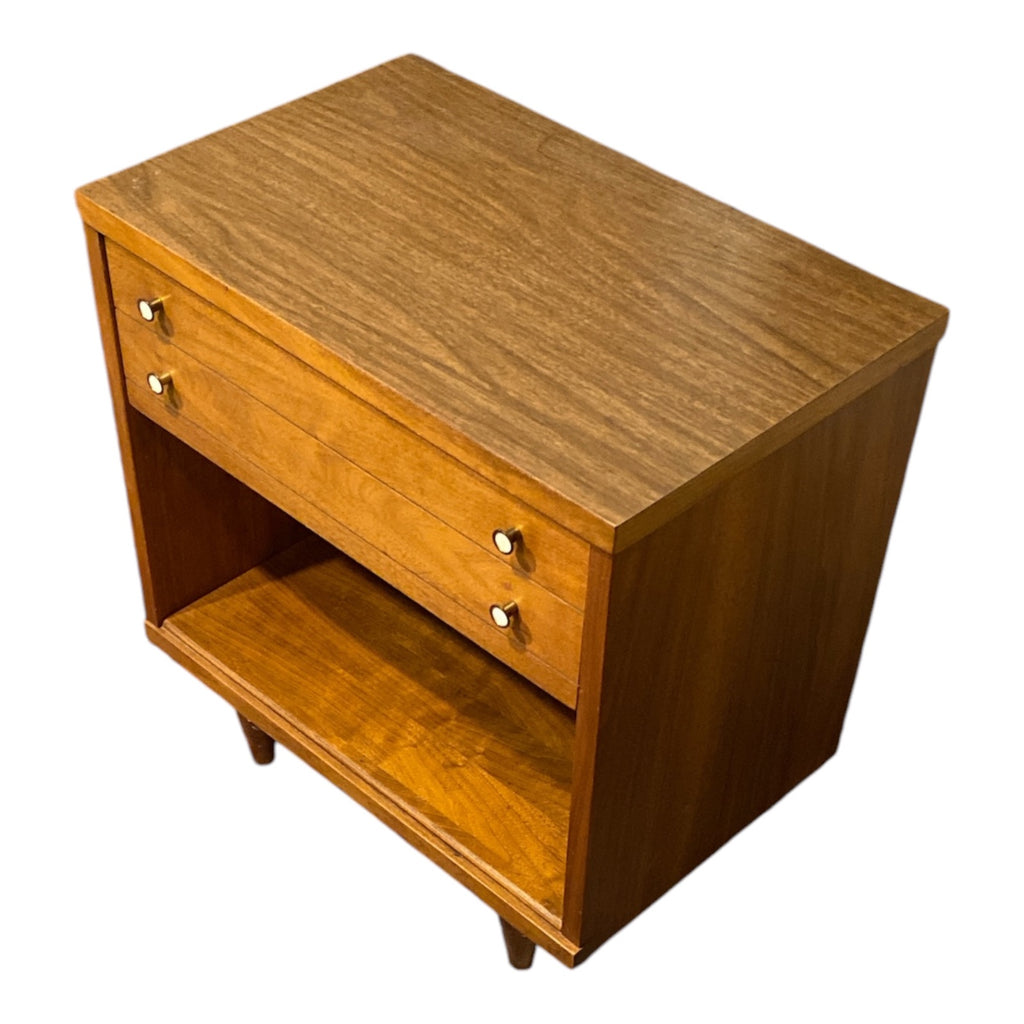 Mid-Century Modern Walnut Nightstand with Brass Pulls & Open Shelf c.1960s