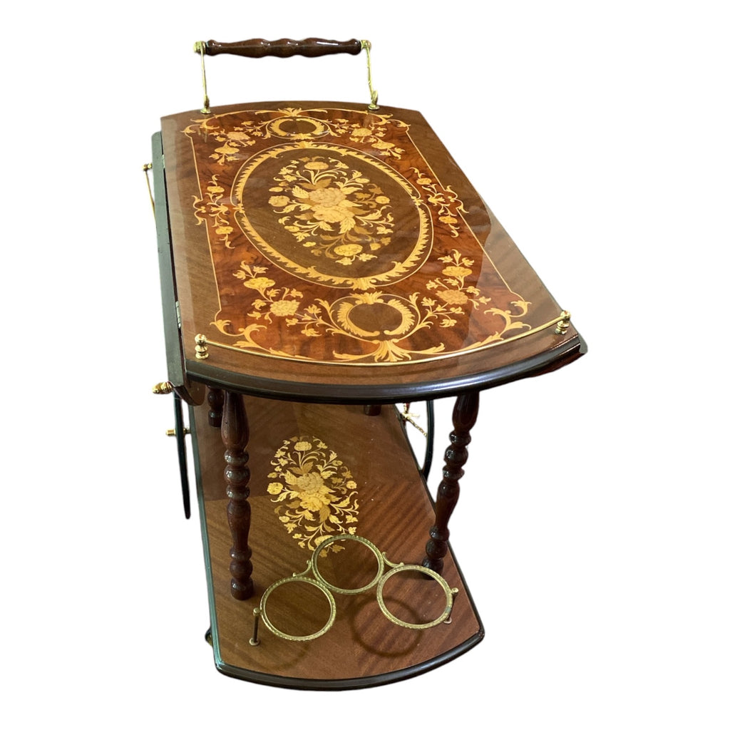 Notturno Intarsio Sorrento Italy Marquetry Drop-Leaf Bar Cart with Bottle Holder
