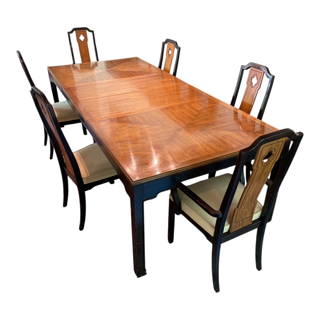 Thomasville Chinoiserie Dining Set — Parquetry Table + 6 Two-Tone Chairs