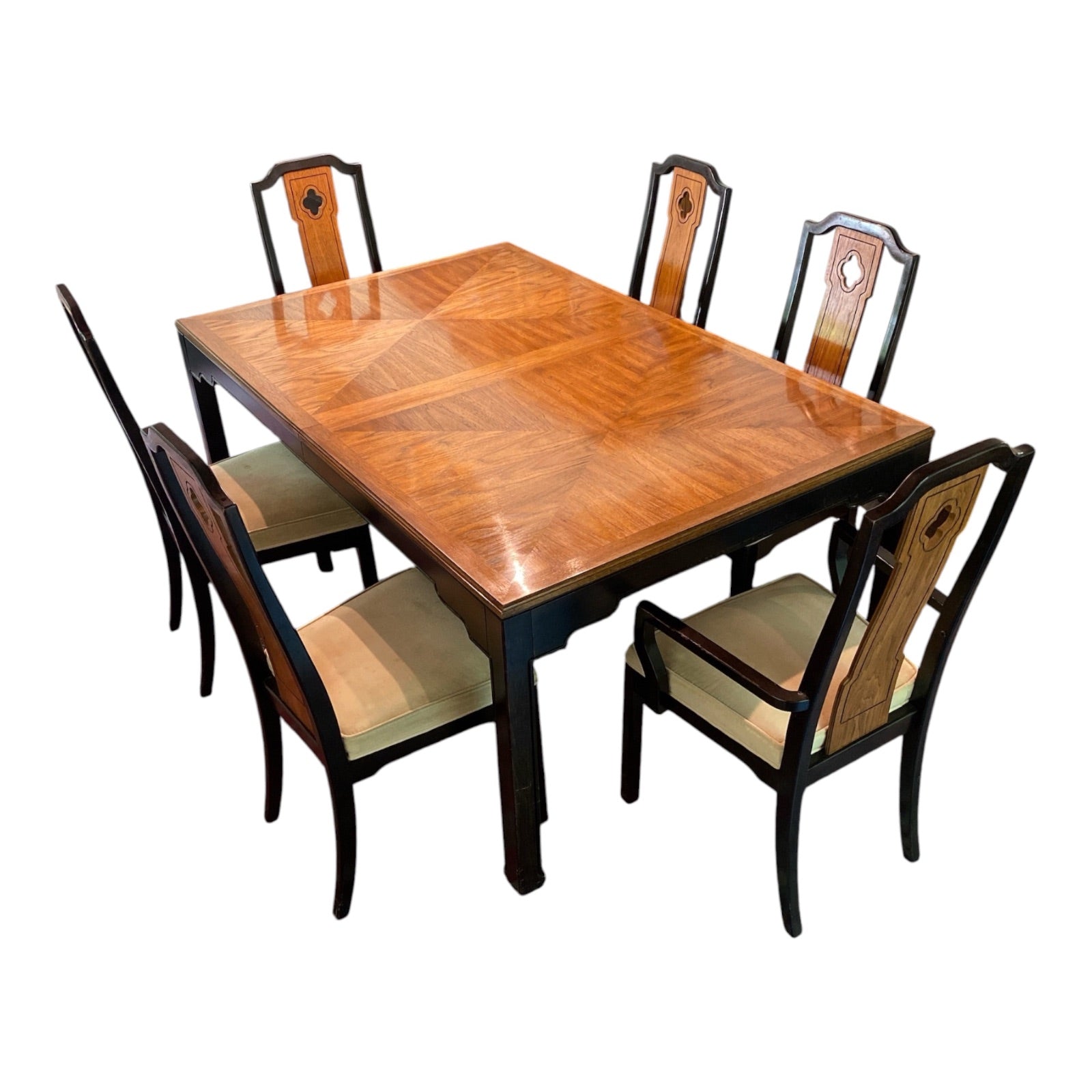 Thomasville Chinoiserie Dining Set — Parquetry Table + 6 Two-Tone Chairs