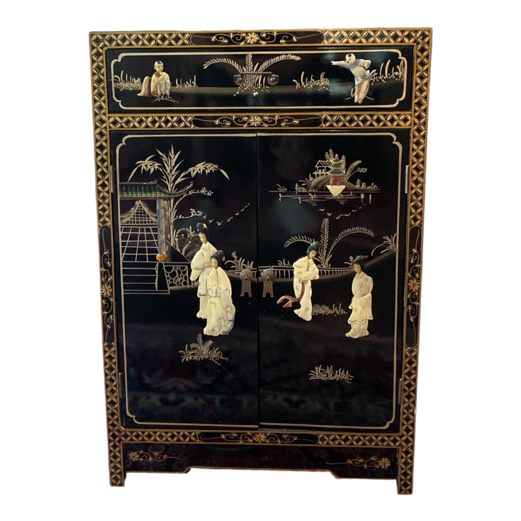 Chinese Black Lacquer Cabinet with Carved Soapstone Figures & Mother of Pearl