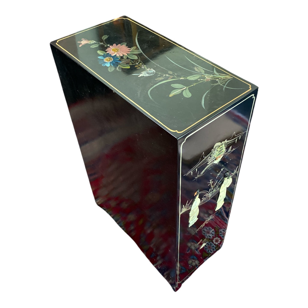 Chinese Black Lacquer Cabinet with Carved Soapstone Figures & Mother of Pearl
