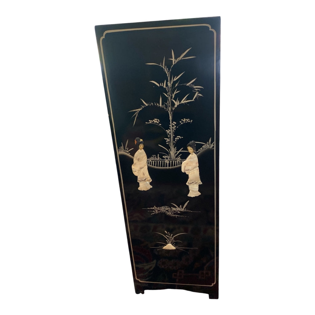 Chinese Black Lacquer Cabinet with Carved Soapstone Figures & Mother of Pearl