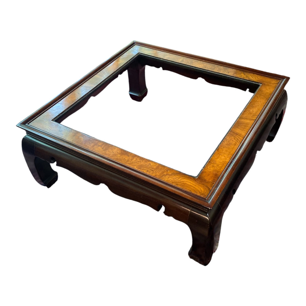 Ming-Style Square Coffee Table with Burl Wood Inlay & Beveled Glass Insert