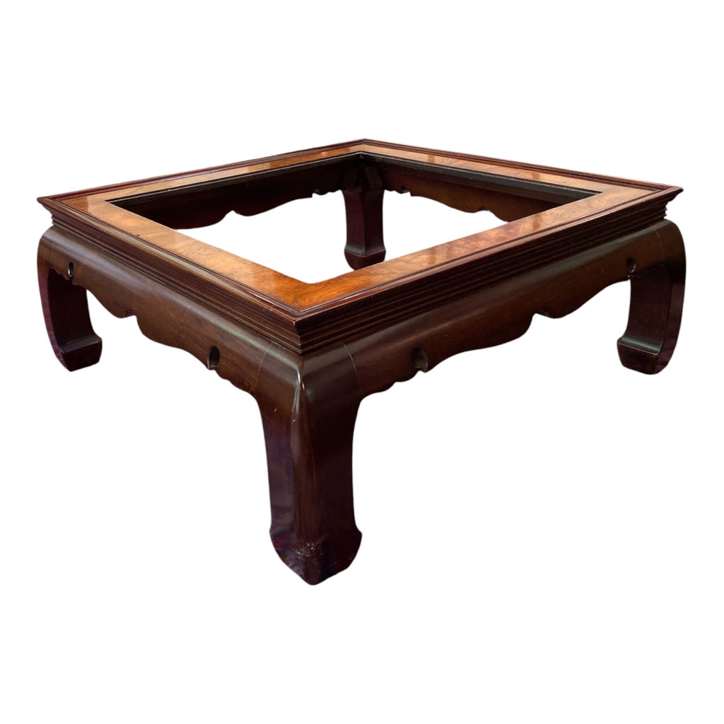 Ming-Style Square Coffee Table with Burl Wood Inlay & Beveled Glass Insert