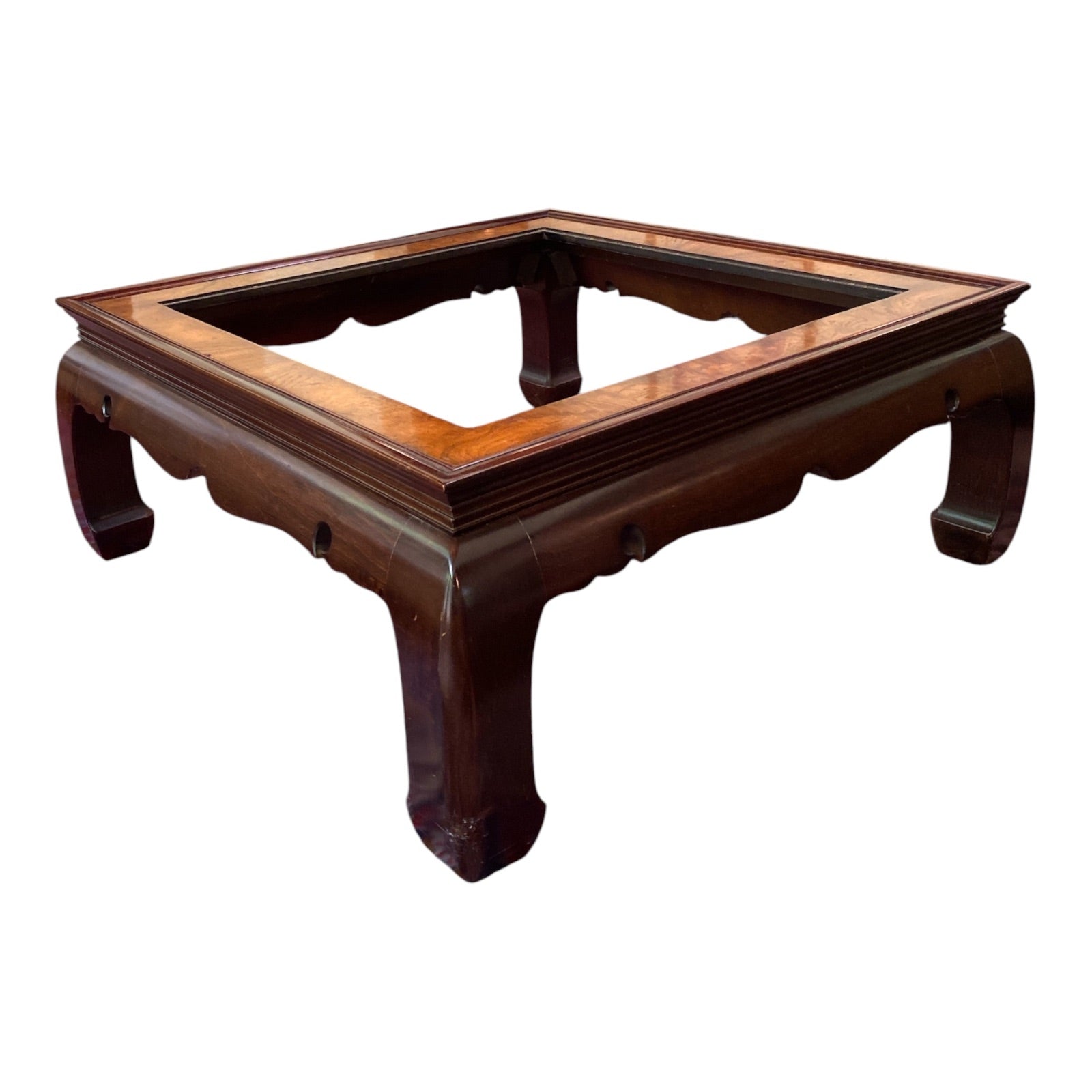 Ming-Style Square Coffee Table with Burl Wood Inlay & Beveled Glass Insert
