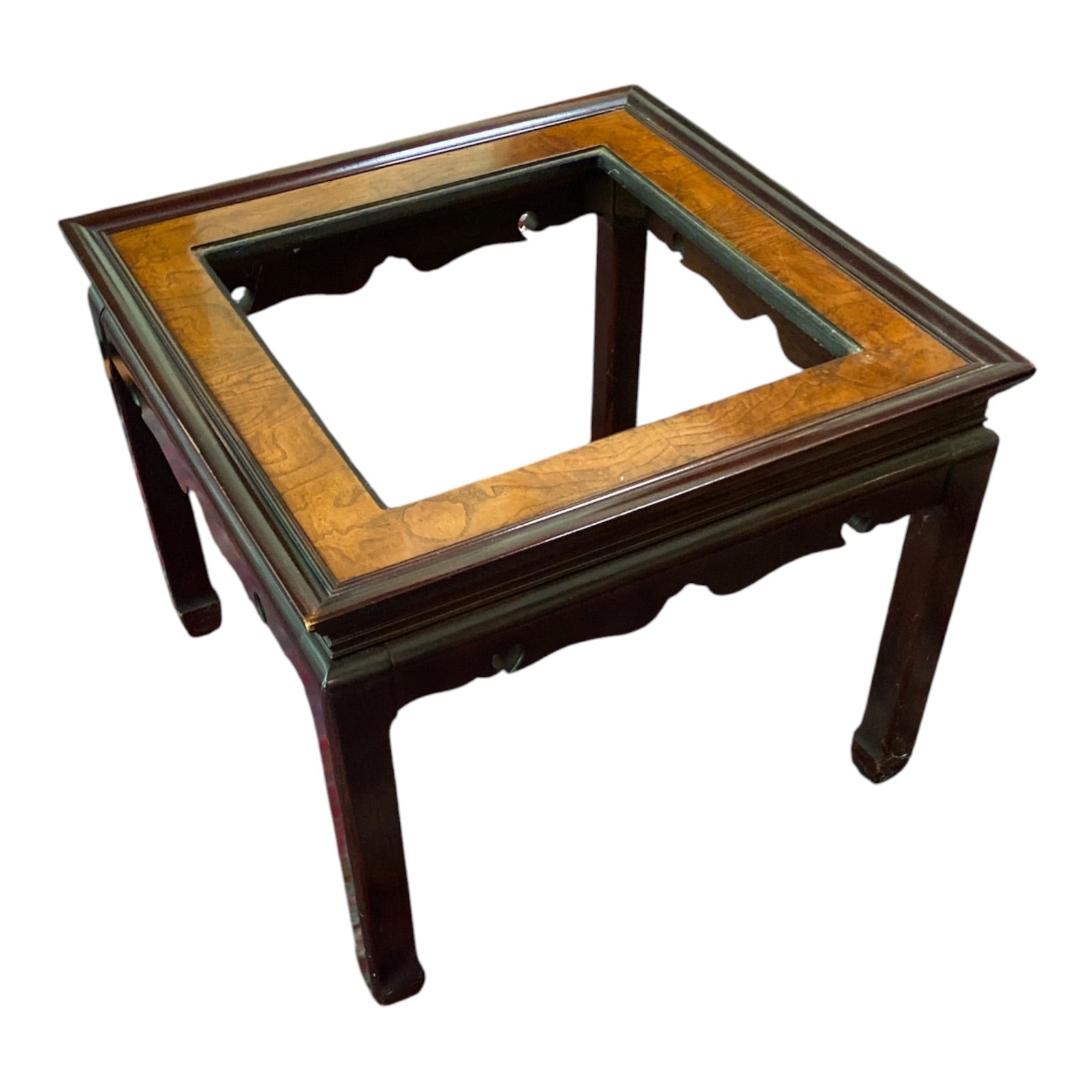Ming-Style Chinoiserie Side Table with Burl Inlay & Beveled Glass Insert