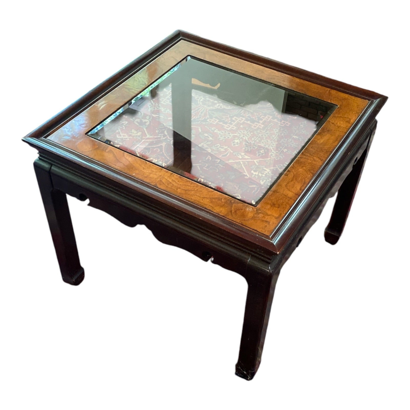 Ming-Style Chinoiserie Side Table with Burl Inlay & Beveled Glass Insert