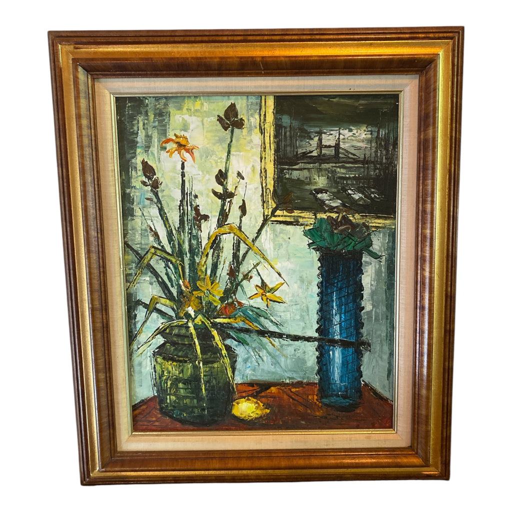 Mid-Century Impasto Oil Painting Floral Still Life in Gold Linen-Lined Frame