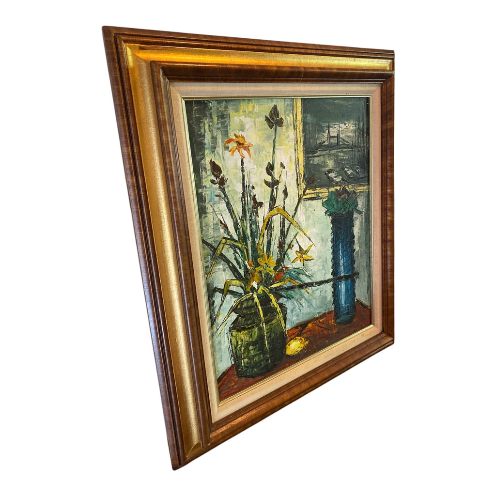 Mid-Century Impasto Oil Painting Floral Still Life in Gold Linen-Lined Frame