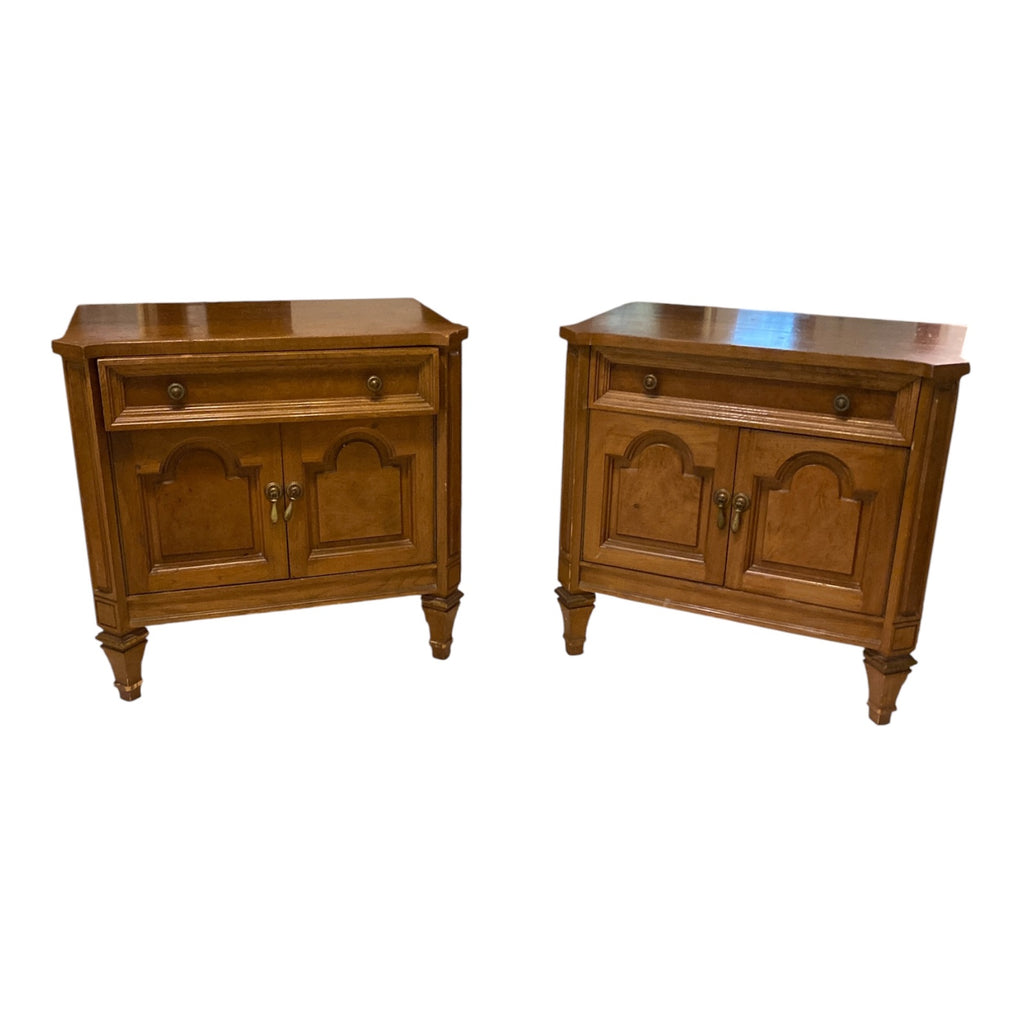 Pair Mid-Century Fruitwood Nightstands with Cathedral Door Panels & Brass Pulls