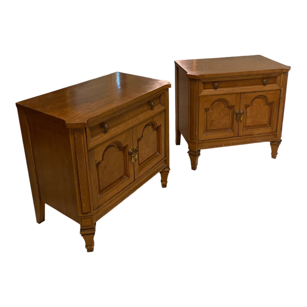 Pair Mid-Century Fruitwood Nightstands with Cathedral Door Panels & Brass Pulls