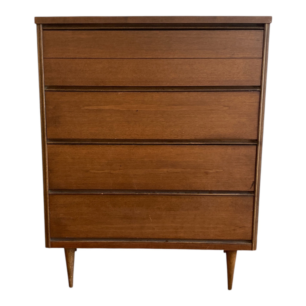 Mid-Century Modern Walnut 4-Drawer Highboy Dresser with Tapered Legs