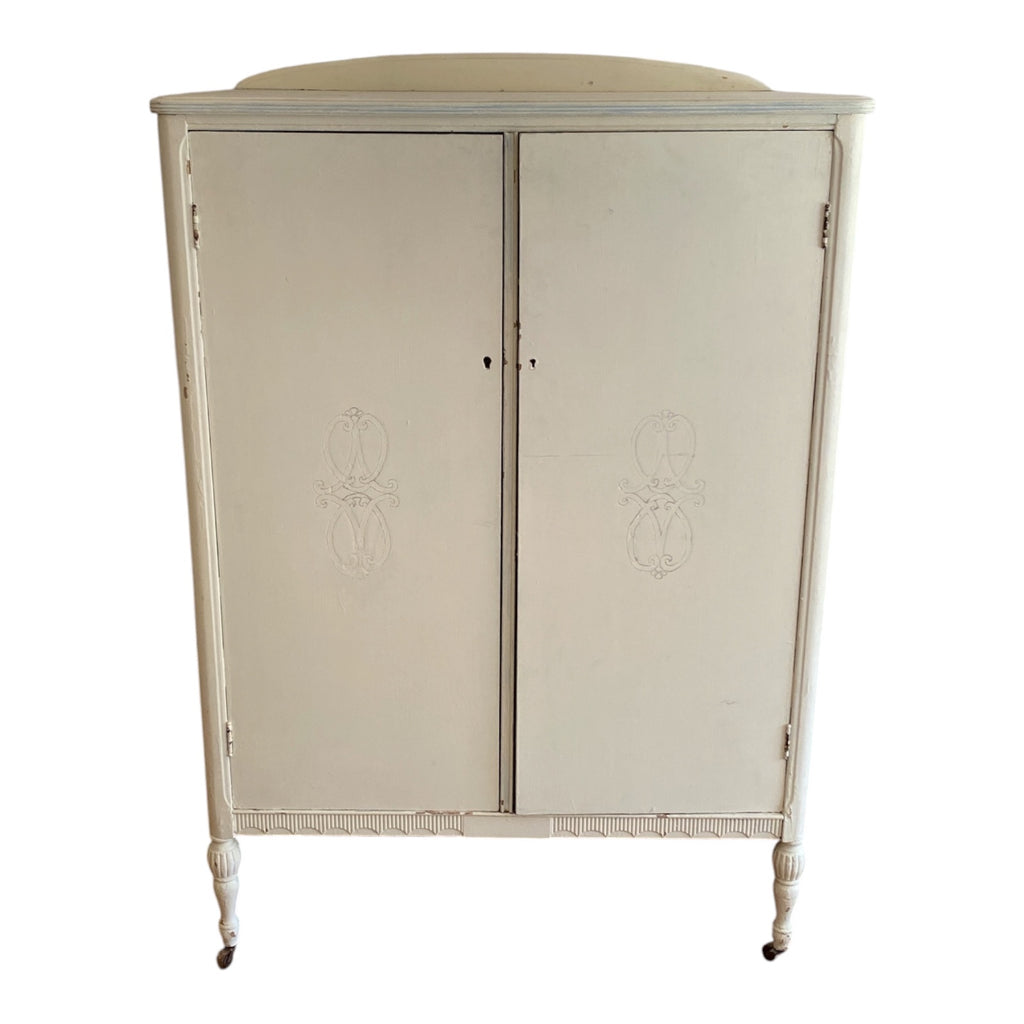 1920s French Provincial Painted Wardrobe Armoire with Carved Medallion Doors