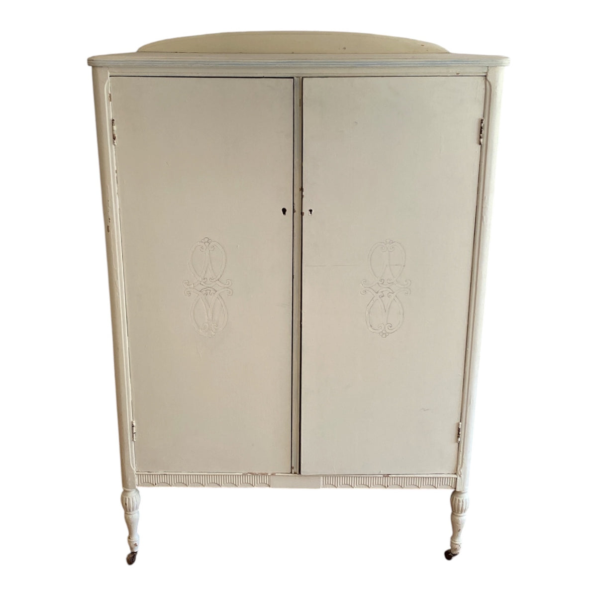 1920s French Provincial Painted Wardrobe Armoire with Carved Medallion Doors