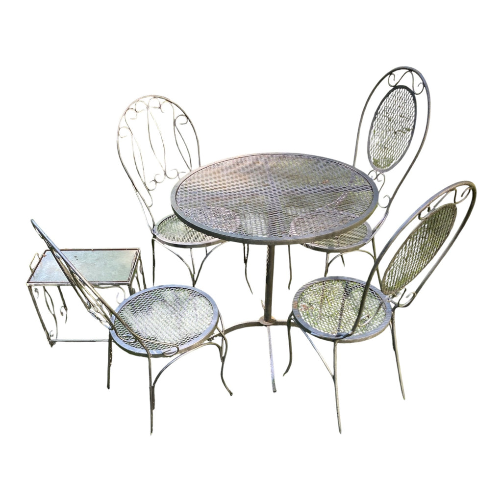 Mid-Century Wrought Iron Patio Set – 4 Salterini-Style Chairs, Table & Side Tabl