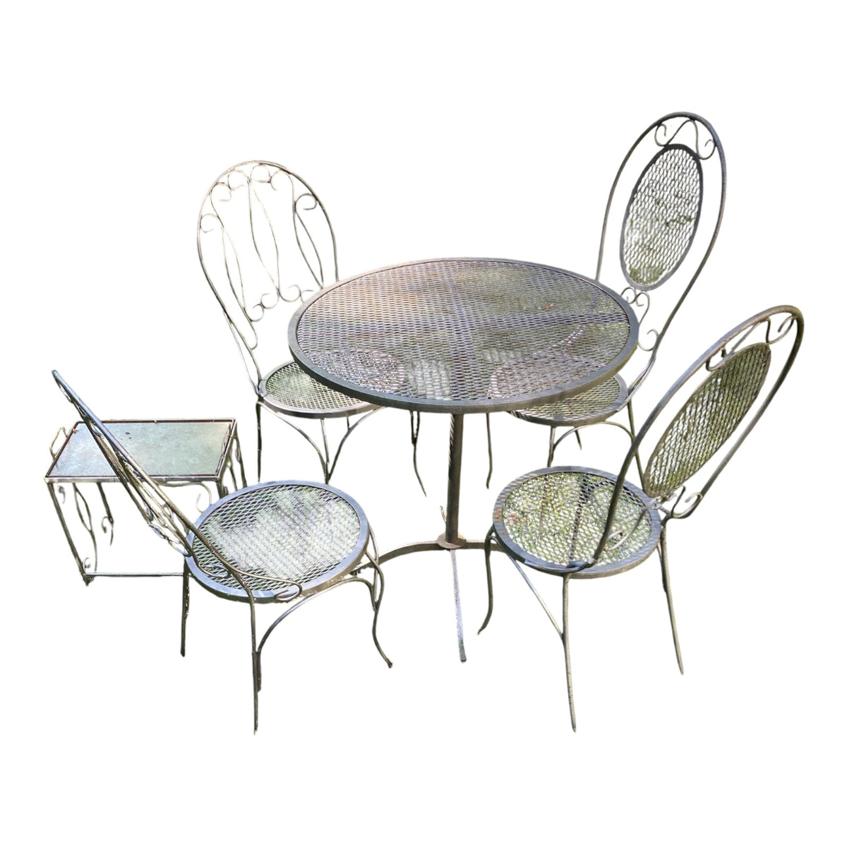 Mid-Century Wrought Iron Patio Set – 4 Salterini-Style Chairs, Table & Side Tabl