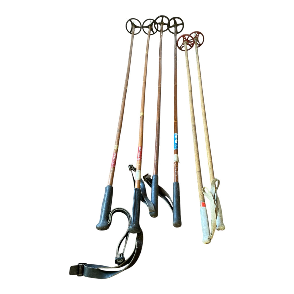 Vintage Bamboo Ski Poles Collection — Mixed Makers Including Montag, 6 Poles