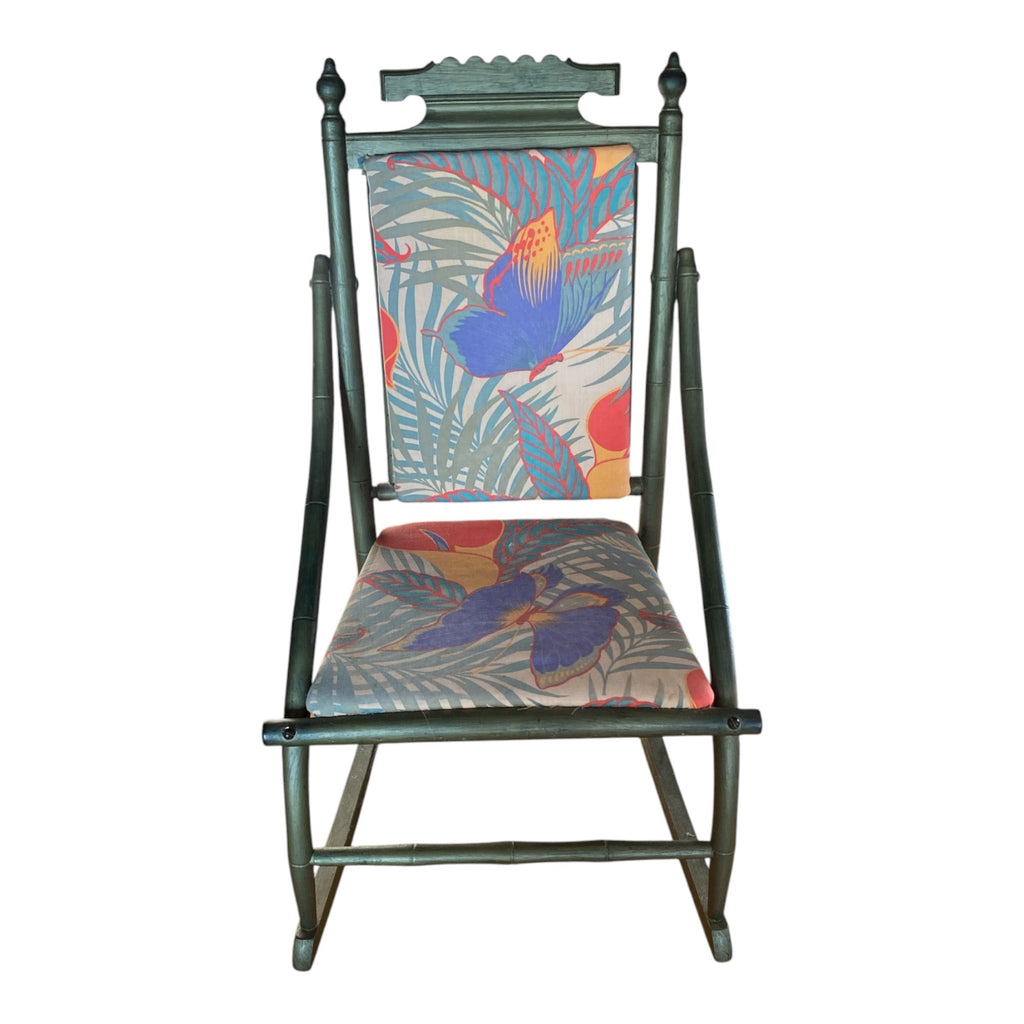 Victorian Eastlake Folding Rocker with Tropical Reupholstery, Painted Green