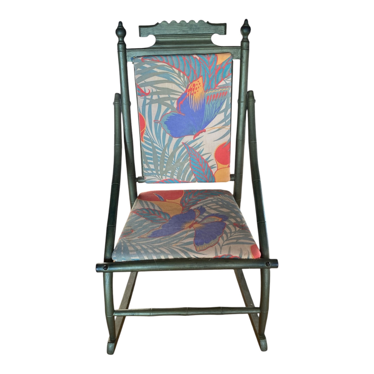 Victorian Eastlake Folding Rocker with Tropical Reupholstery, Painted Green