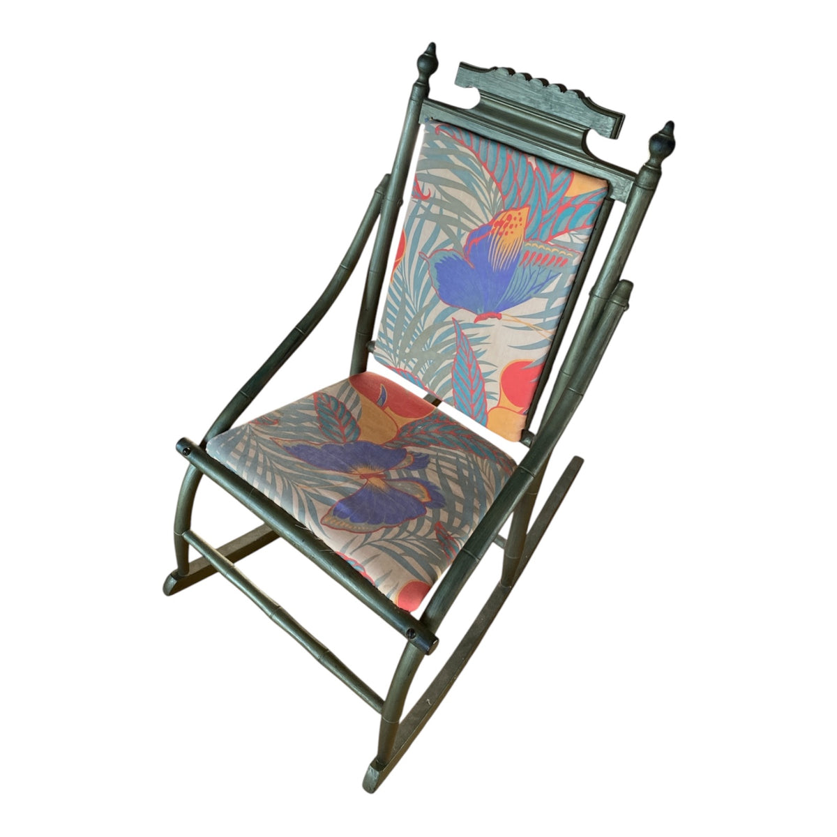 Victorian Eastlake Folding Rocker with Tropical Reupholstery, Painted Green