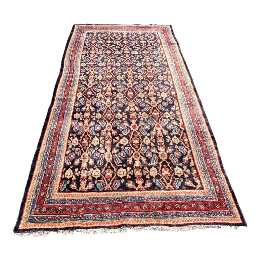 Antique Persian Malayer Runner Hand-Knotted Wool Navy Field Diamond Lattice