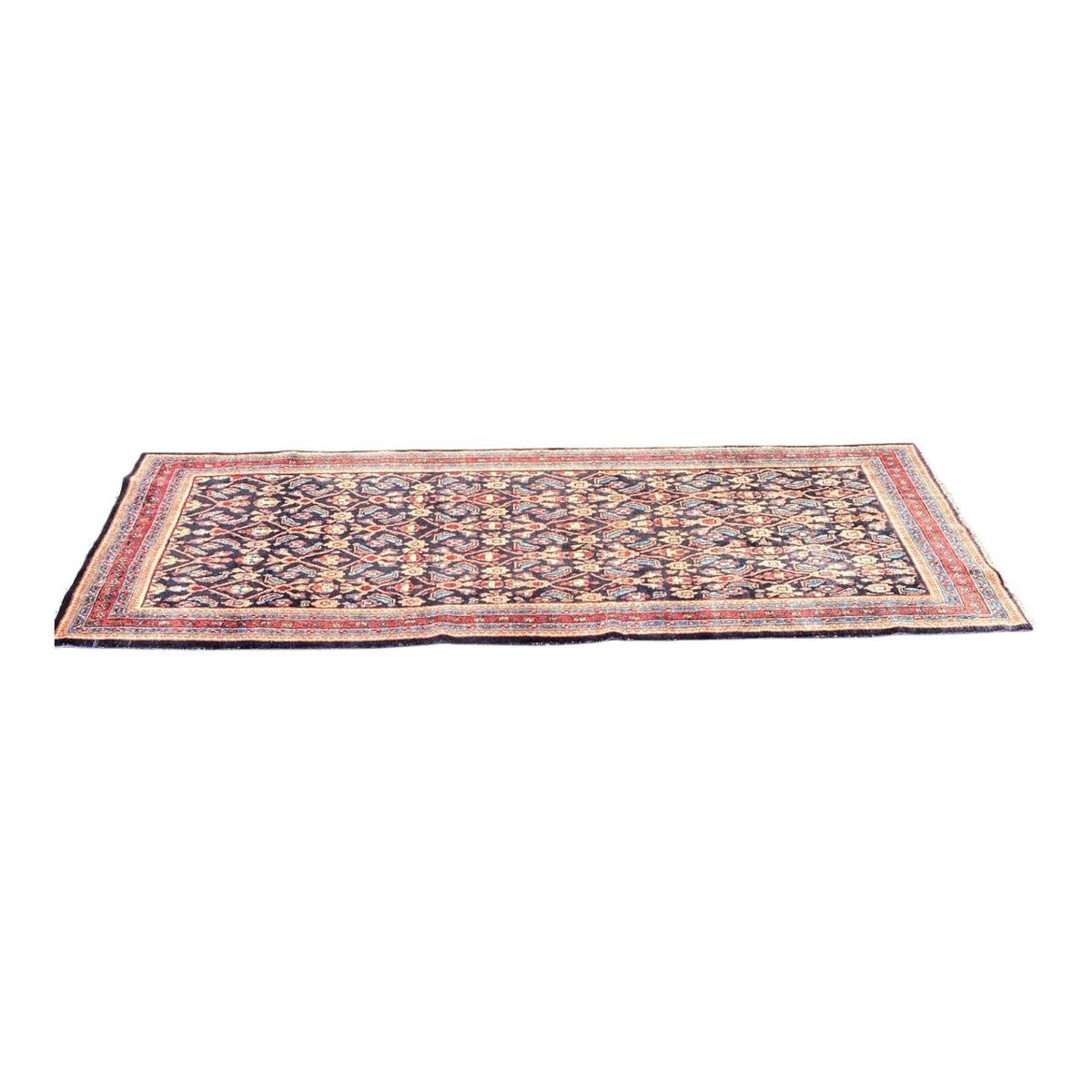 Antique Persian Malayer Runner Hand-Knotted Wool Navy Field Diamond Lattice