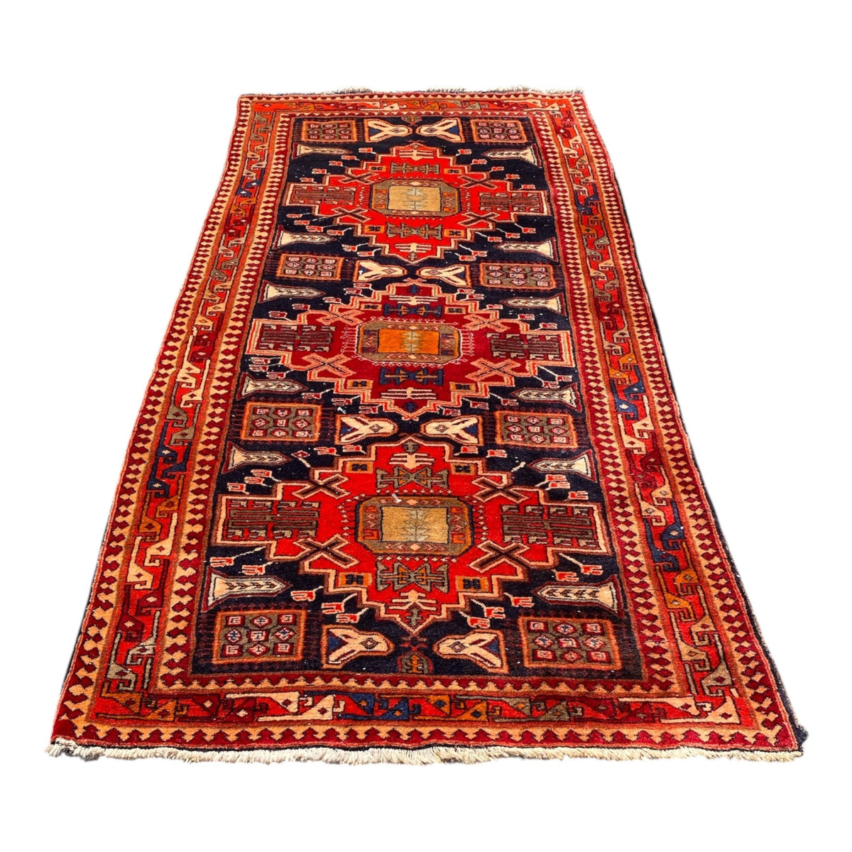 Vintage Caucasian-Style Hand-Knotted Wool Runner, Bold Geometric Medallions