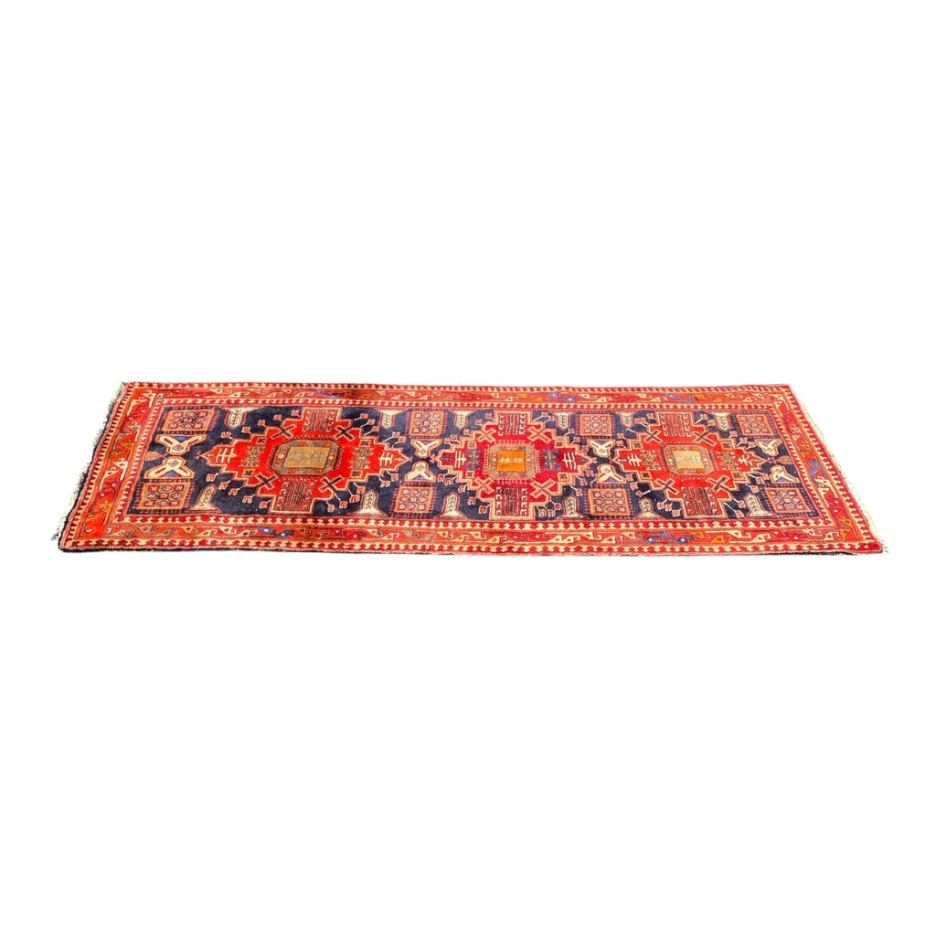 Vintage Caucasian-Style Hand-Knotted Wool Runner, Bold Geometric Medallions
