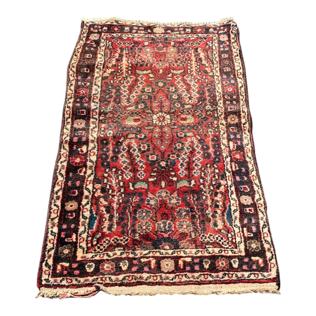Vintage Persian Hamadan Hand-Knotted Wool Runner Rug Red Field Medallion