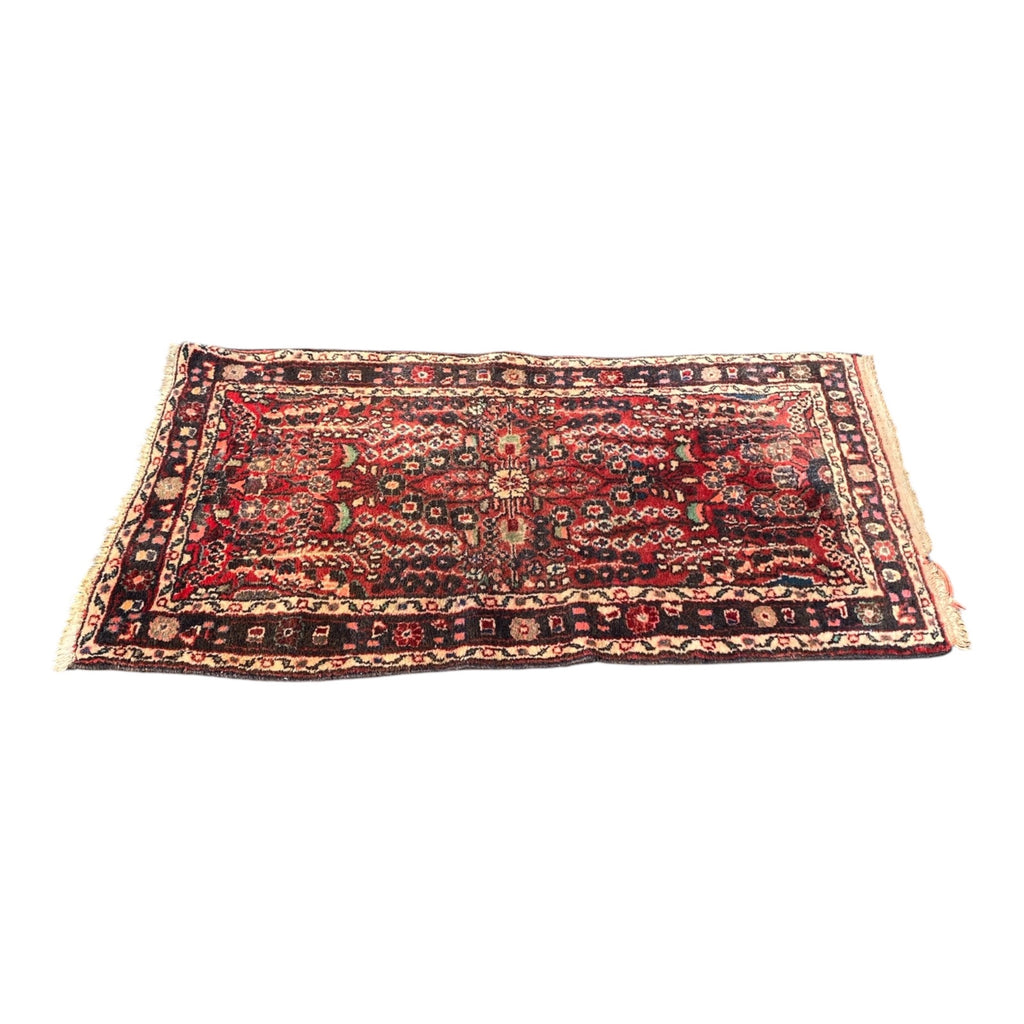 Vintage Persian Hamadan Hand-Knotted Wool Runner Rug Red Field Medallion
