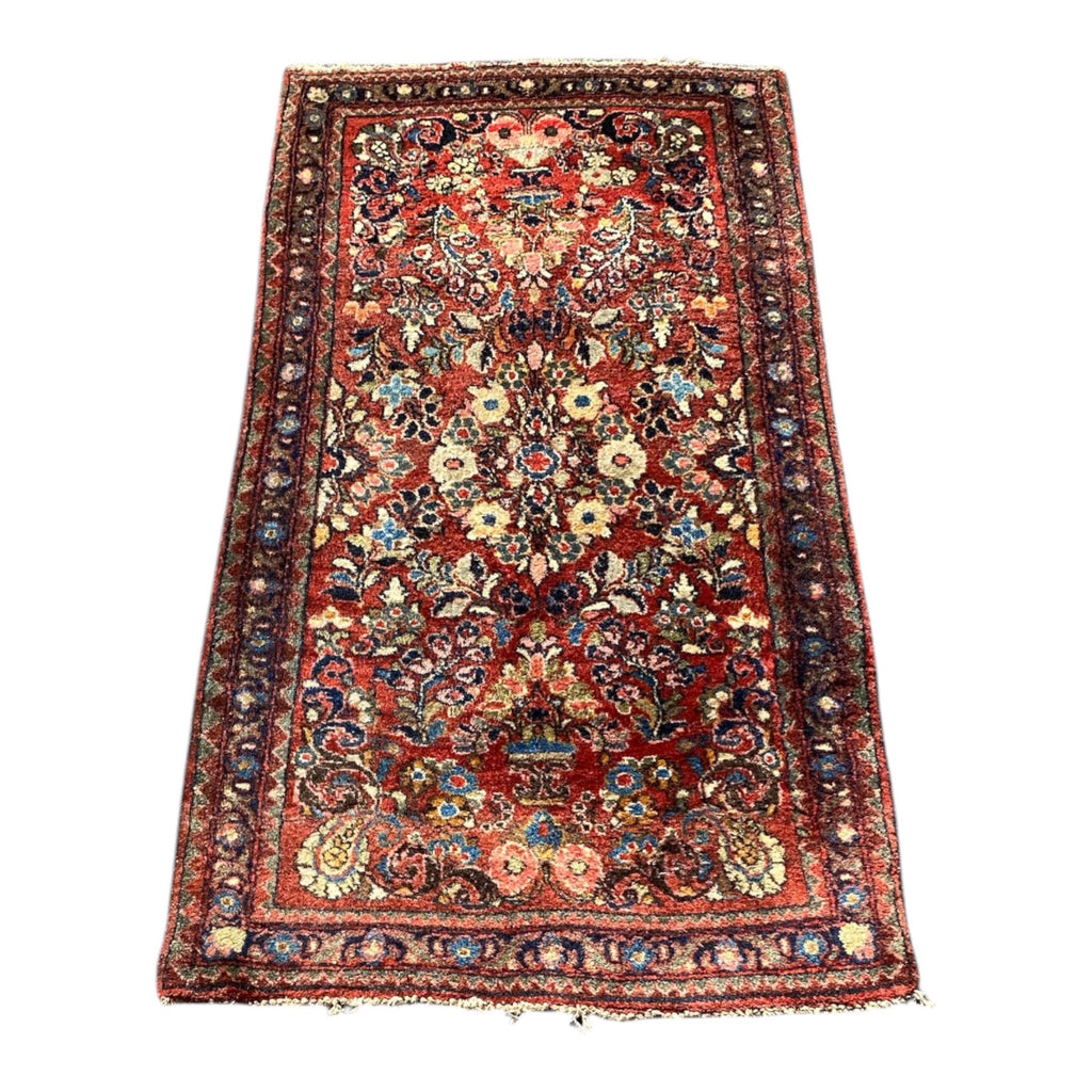 Antique Persian Sarouk Hand-Knotted Wool Runner, Rich Red Field