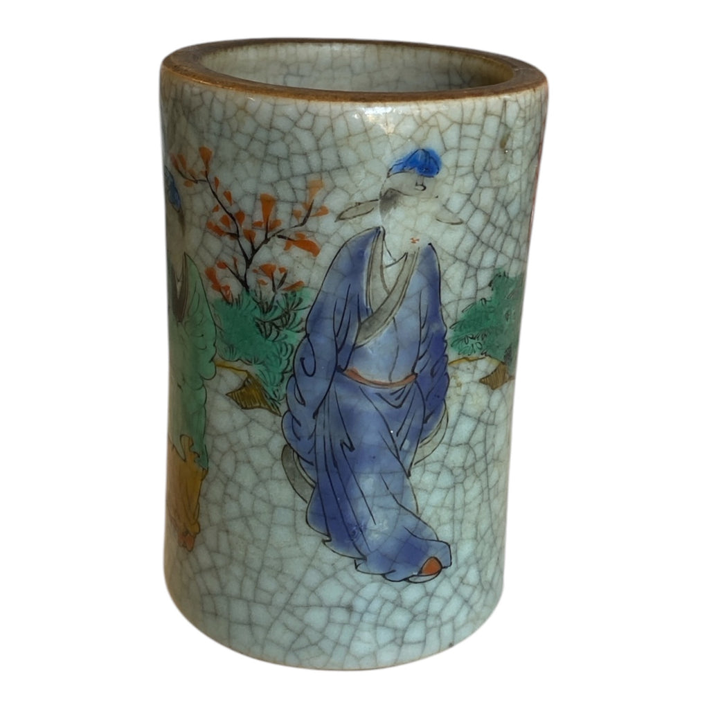 Chinese Crackle Glaze Brush Pot with Figural Scene & Seal Mark