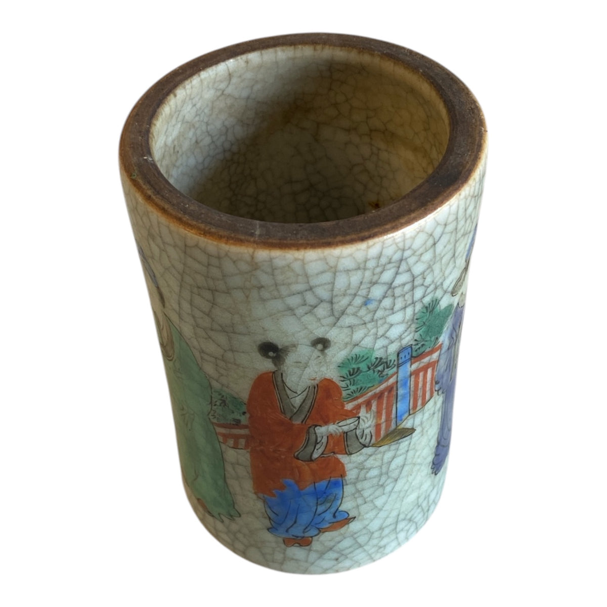Chinese Crackle Glaze Brush Pot with Figural Scene & Seal Mark