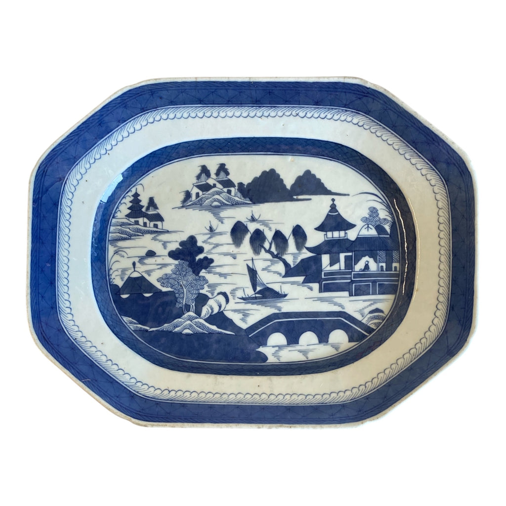 Antique Chinese Export Canton Blue & White Porcelain Platter, 19th Century