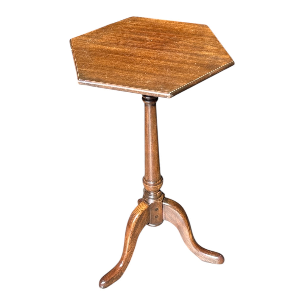 Vintage Oak Tripod Candle Stand with Hexagonal Top & Turned Pedestal