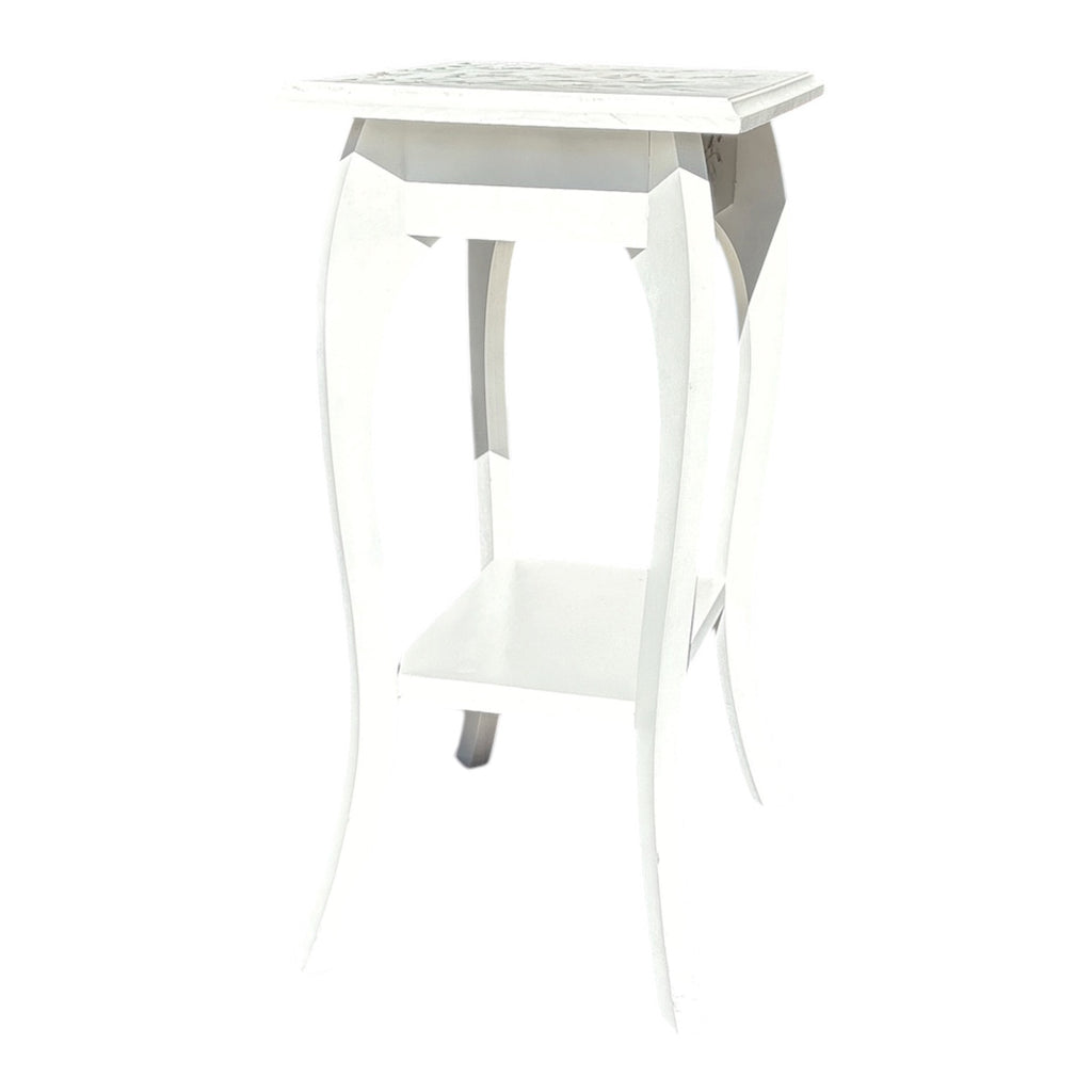 Hand-Painted White Plant Stand with Botanical Floral Motif, Cabriole Legs